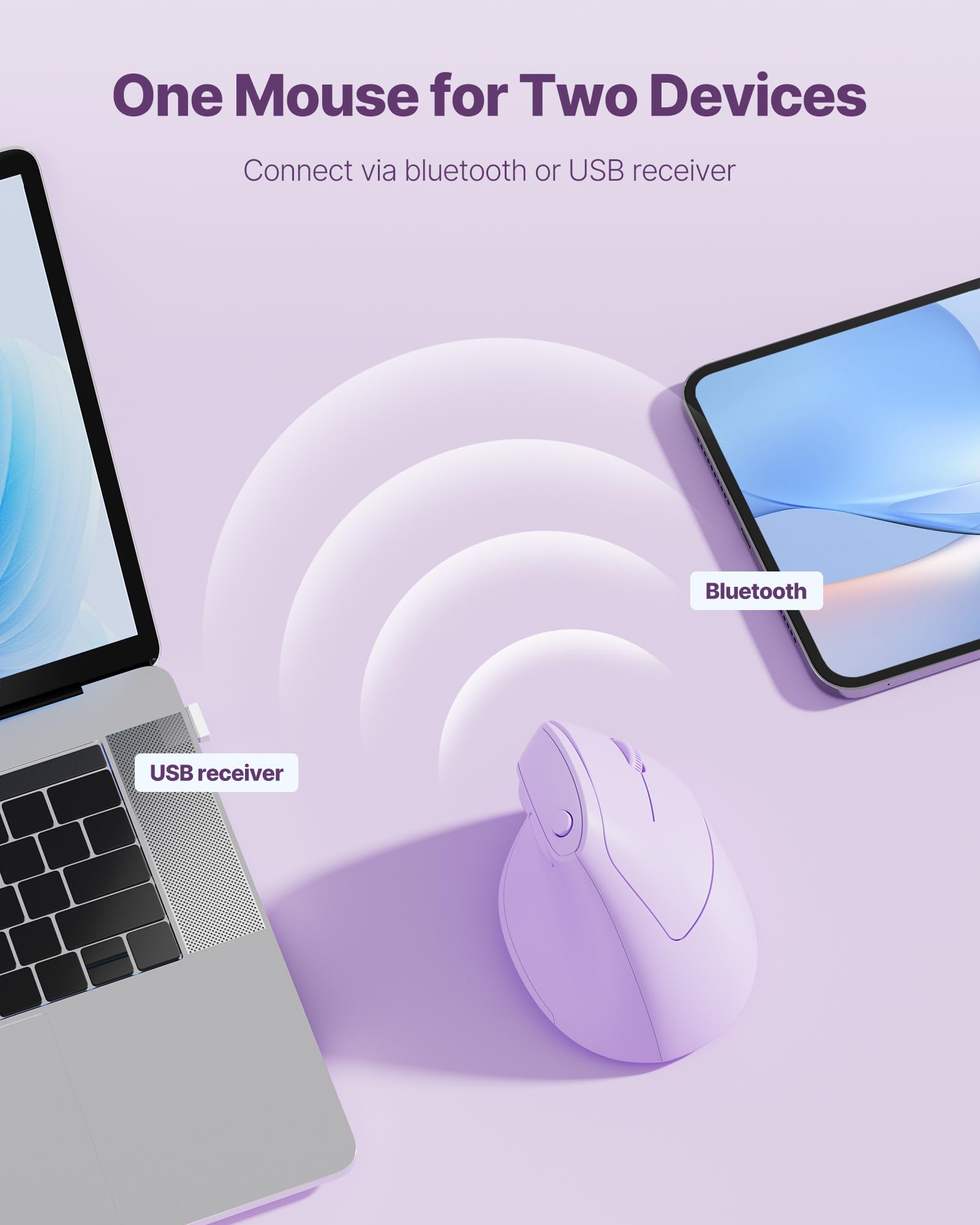Ergonomische Maus, Kabellose Bluetooth Vertikale Maus mit Dual Verbindung (Bluetooth 5.0 & USB-A) Leise Ergo Maus für Windows Mac iPad OS PC Laptop Lila