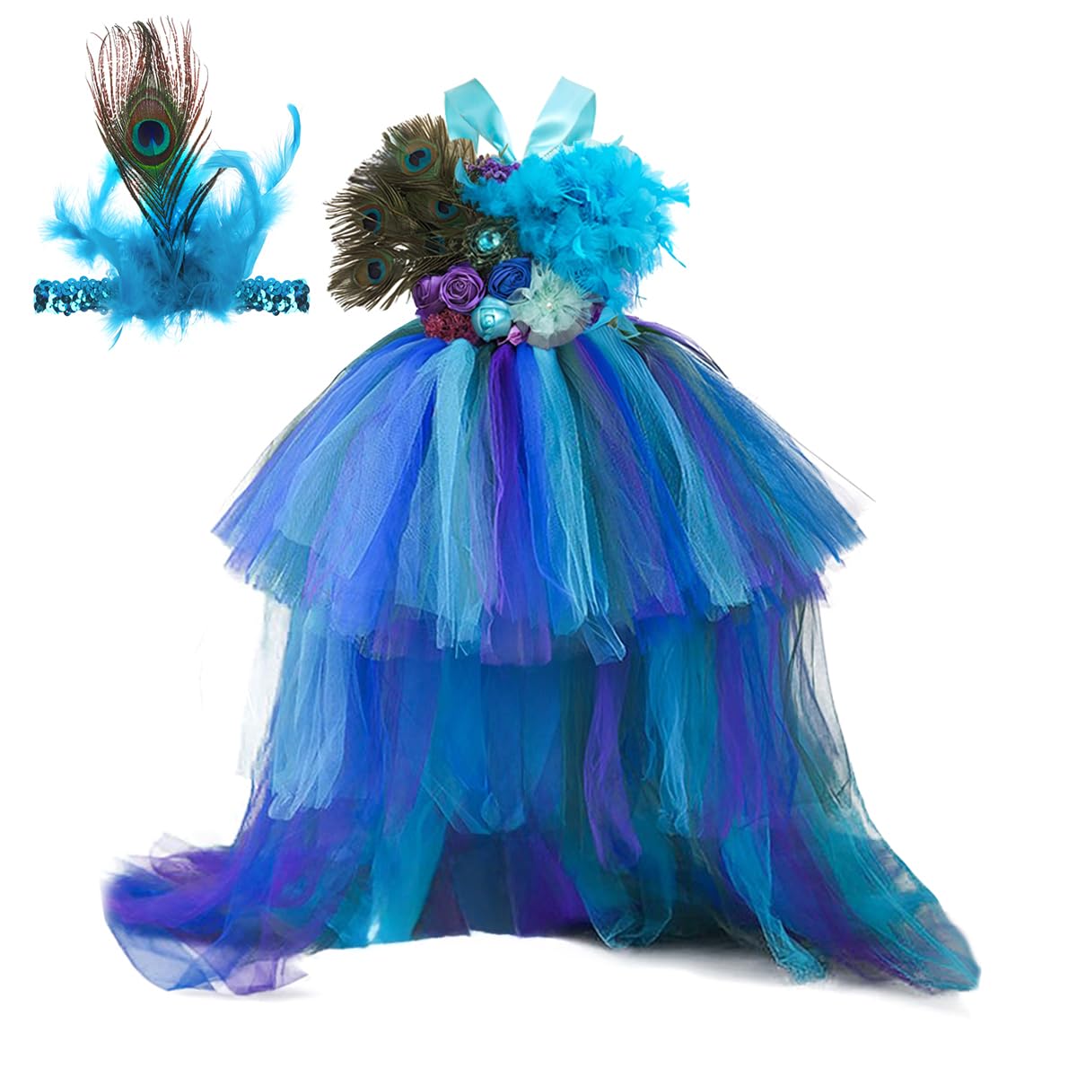 Tutu Dreams Deluxe Long Train Peacock Dress for Girls 2-12Y Flower Girl Birthday Party
