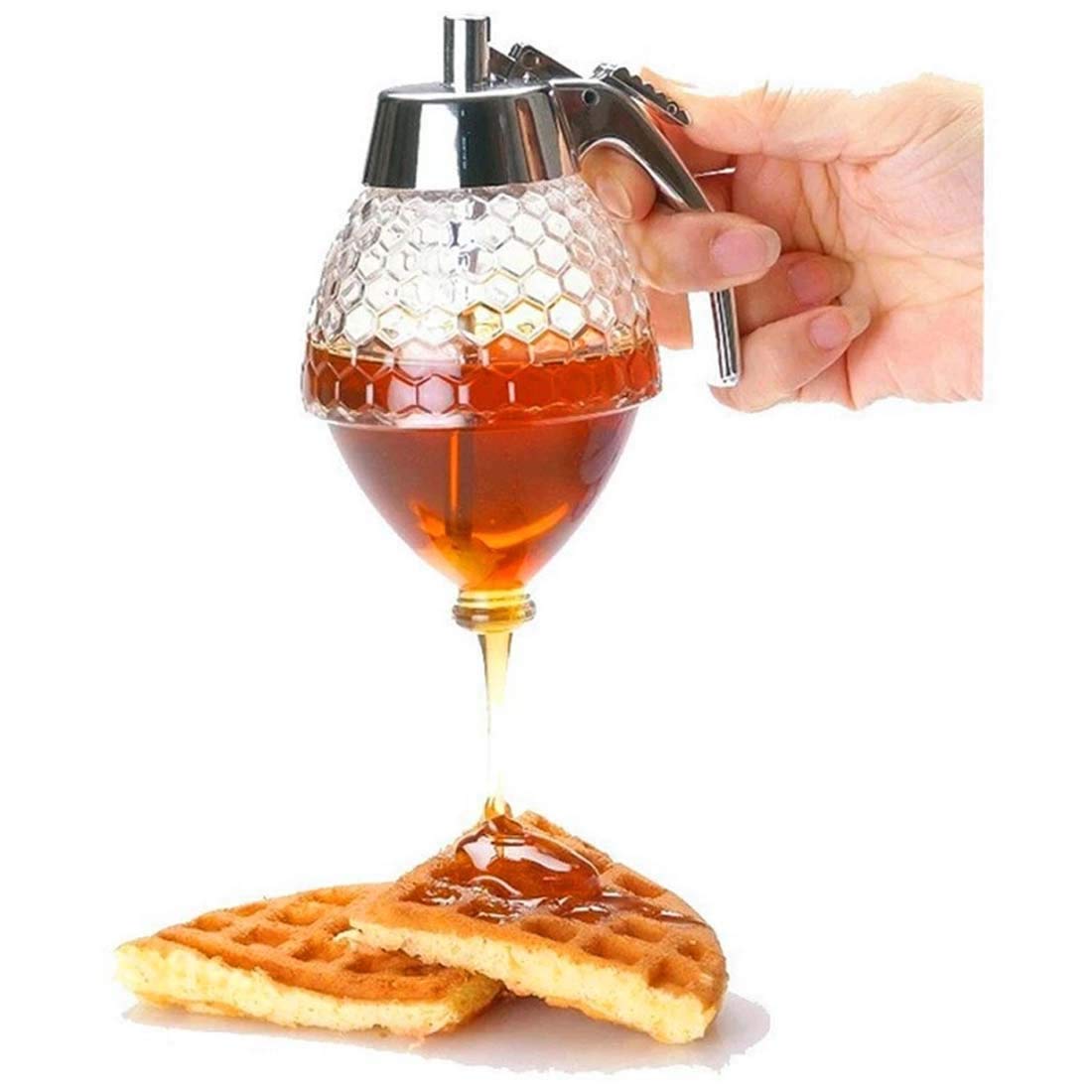 DELFINO Honey Pot, Honey Dispenser No Drip Glass Bottom Flow Honey Dispense Maple Syrup Dispenser Glass Beautiful Honey Comb Shaped Honey Pot Honey Jar with Stand, Great Bee Decor for Syrup, Sauces