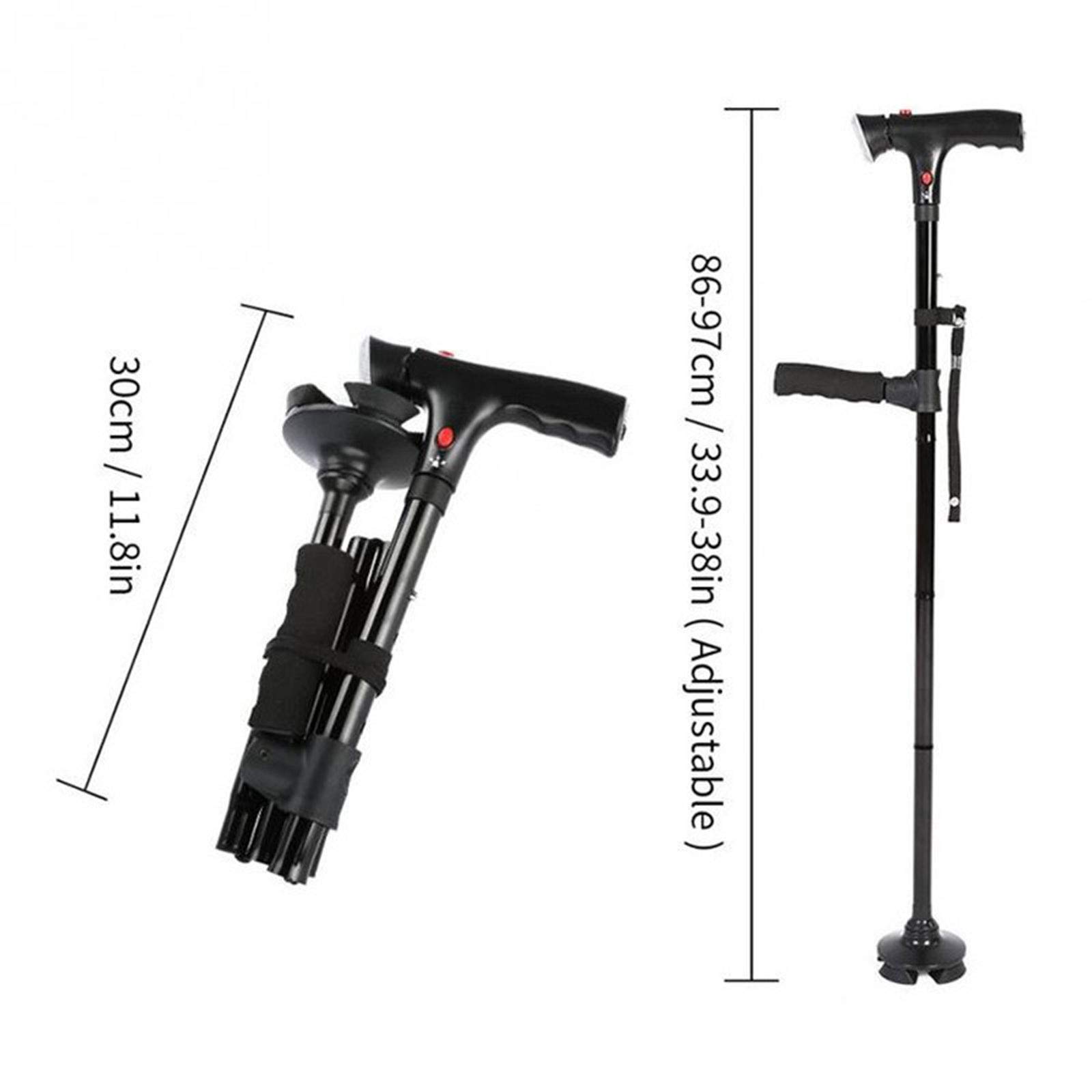 Bastón Plegable con luz LED y Alarma, Base cuádruple pivotante, ajustes de Altura (33.9''-38.2'') Bastón para Personas Mayores y Personas con Artritis Star of Light