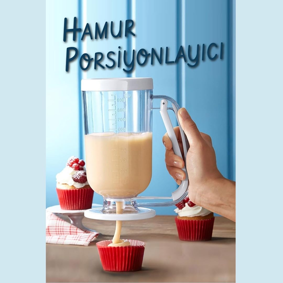 Hamur Porsiyonlayıcı 900ml, Pankek ve Kek Hamuru Dağıtıcı, Damlatmaz Mekanizma, Ölçekli Şeffaf Gövde, Bulaşık Makinesinde Yıkanabilir