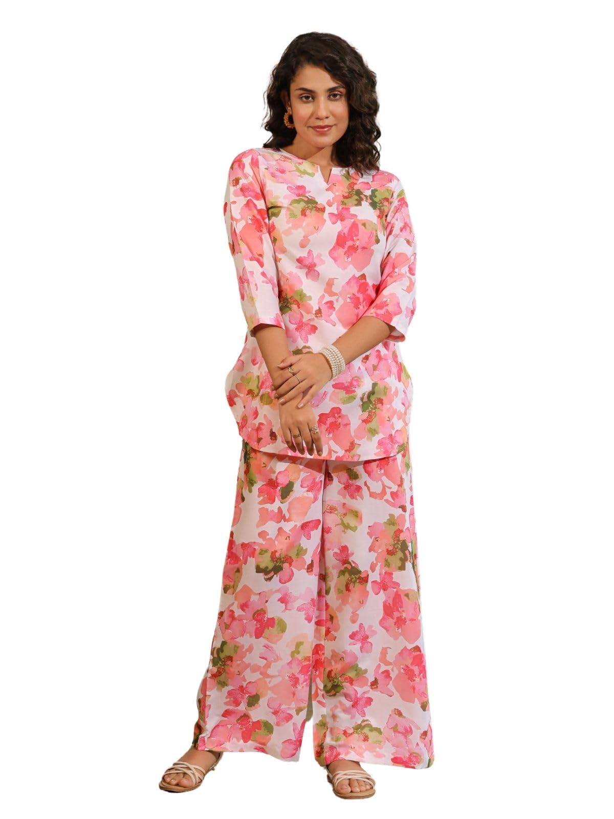 Greciilooks Women's Rayon Printed Regular Kurta Set (Gl-W2131&Tr1098_Pink_M)