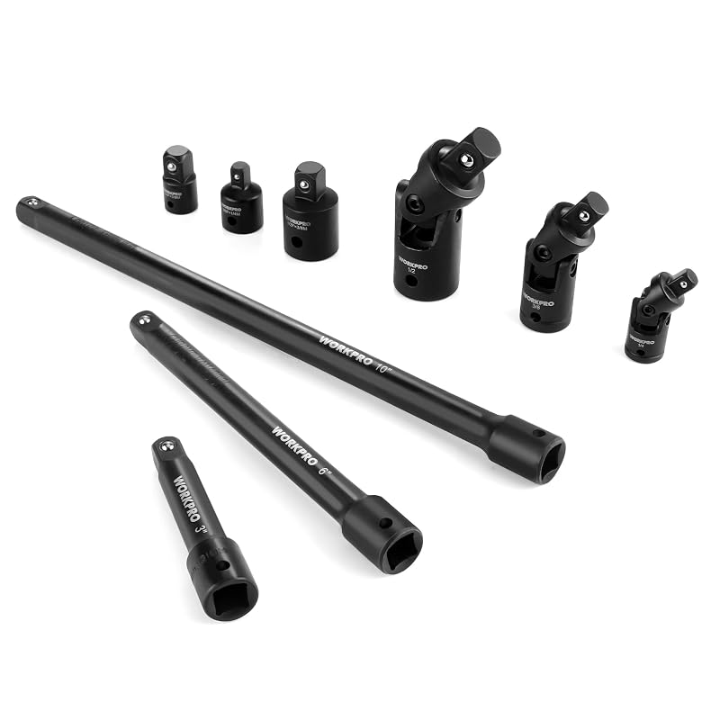 Jogo de Extensões, Adaptadores e Juntas Universais para Soquetes de Impacto WORKPRO, Encaixes de 6,35 mm, 9,5 mm e 12,7 mm, Aço CR-V, 9 peças