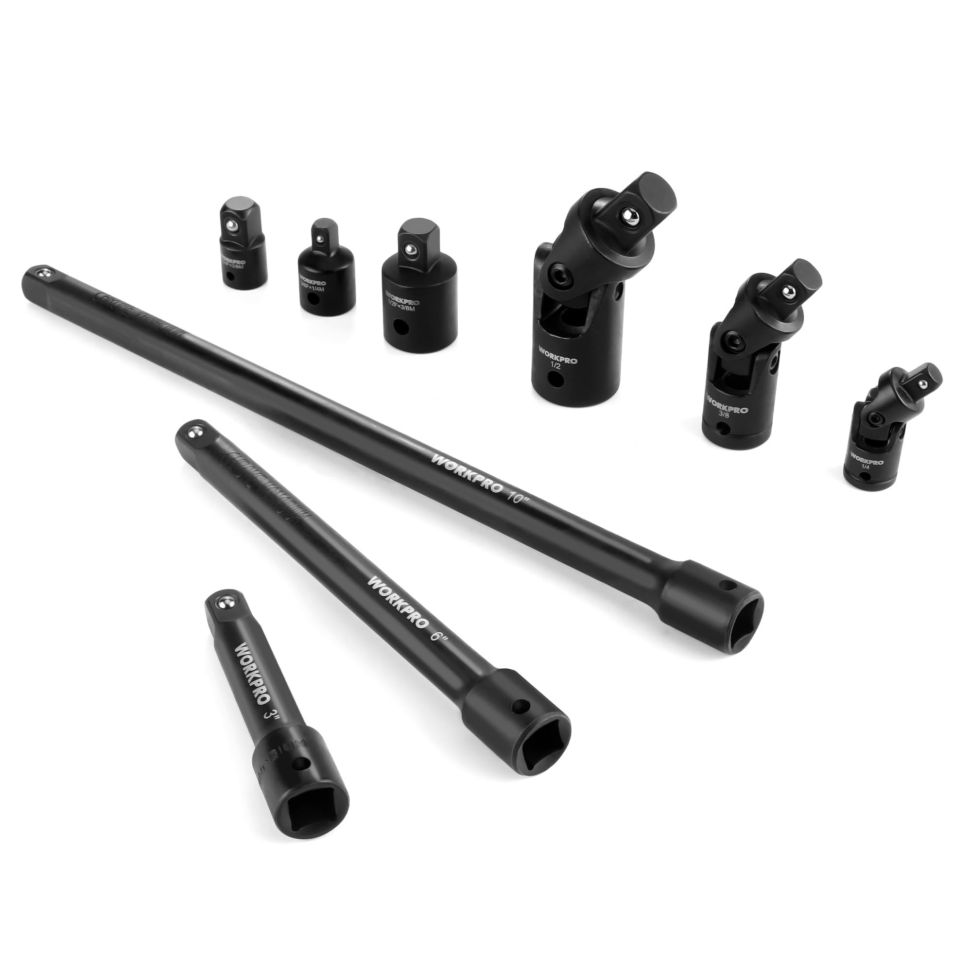 WORKPRO 9 PCS Socket Accessory Set, Includes 3/8" Impact Drive Extension Bar Set, 1/4", 3/8" & 1/2" Drive Universal Joints and Adapters, Premium Chrome Vanadium Steel with Black Phosphate Finish
