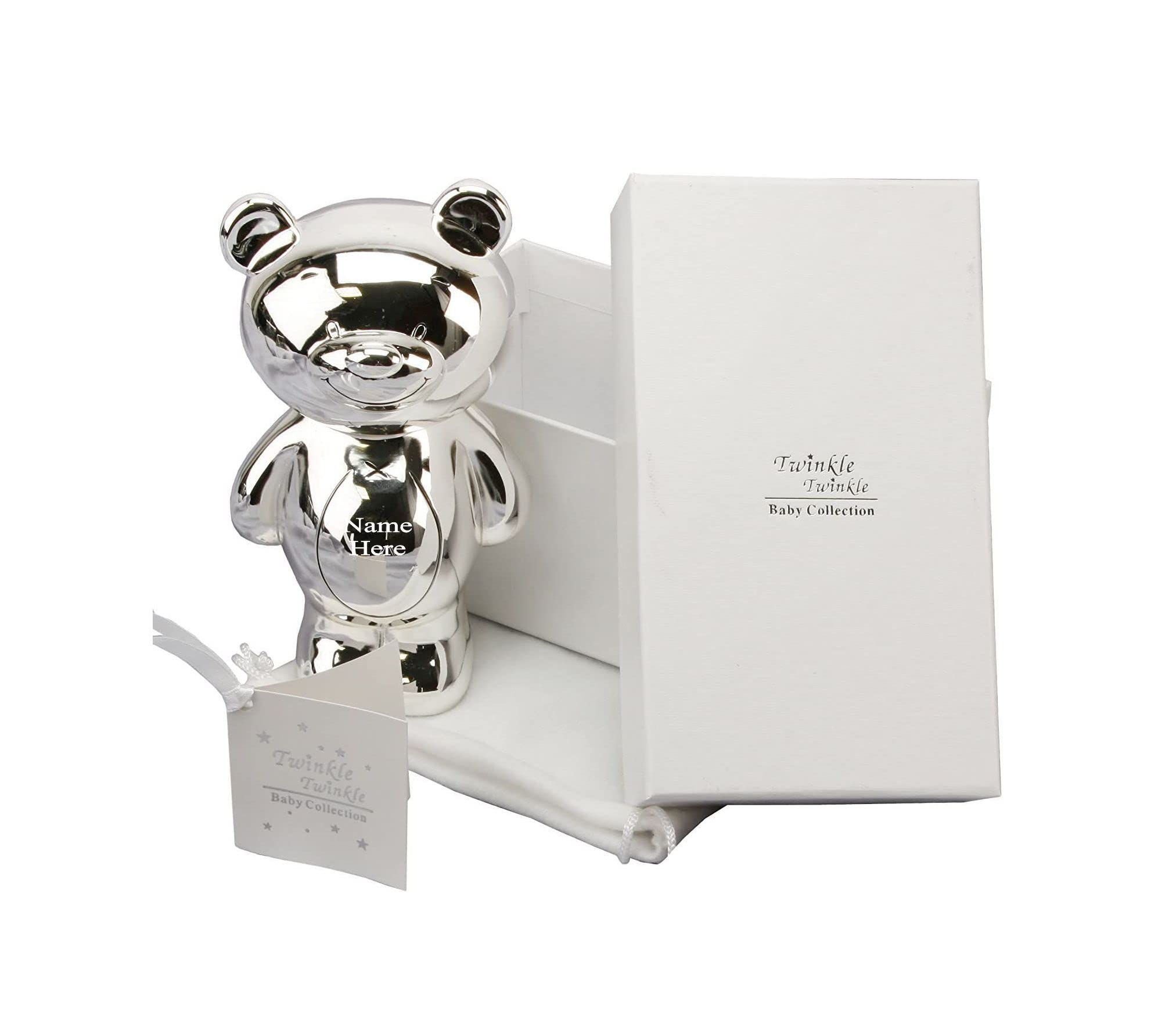 Silver,White [Custom] Personalised Engraved Silver-Plated Standing Teddy Bear Bank Money Box Christening / Birthday / Baby Gift