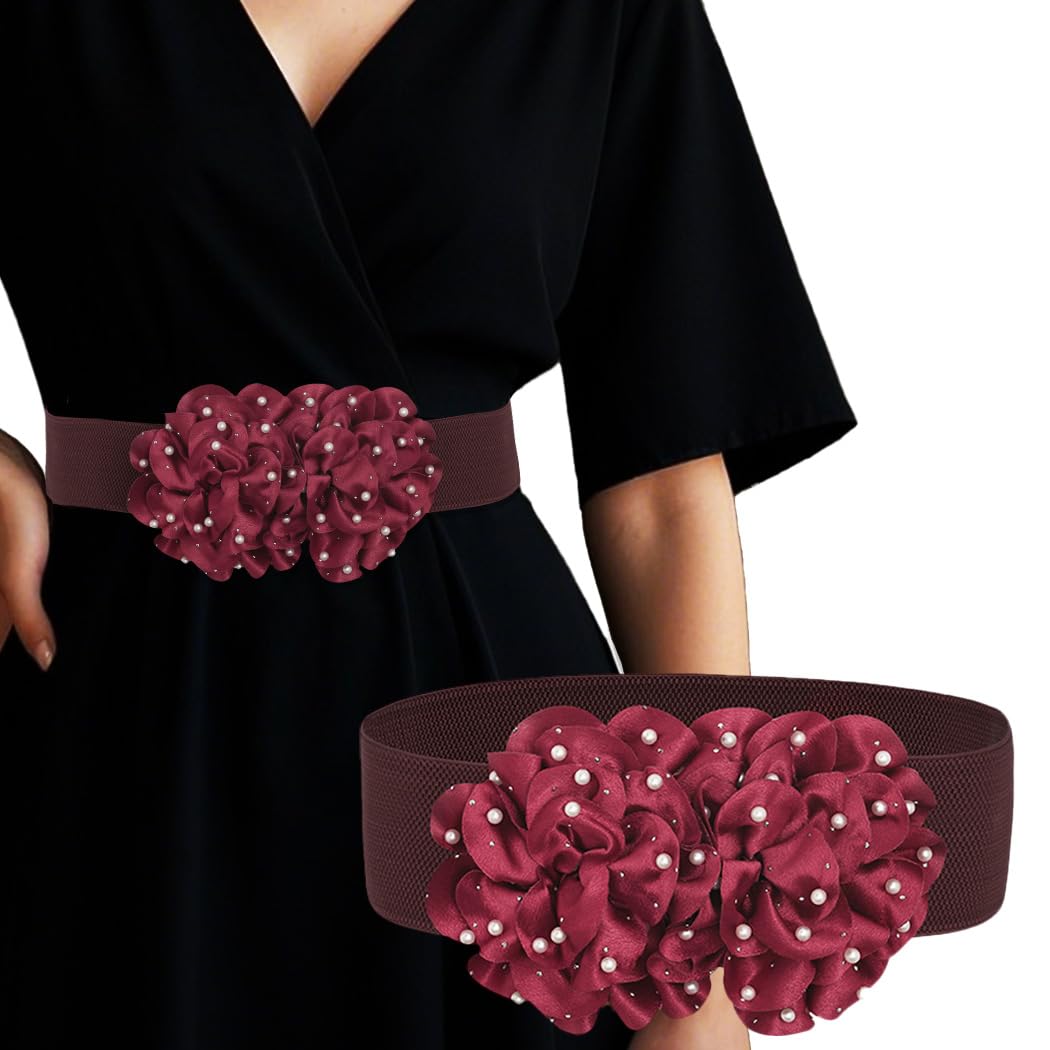 Wide Elastic Flower Belt Stretchy Pearl Waist Belt Stylish Jewelry Accessory for Women Dress