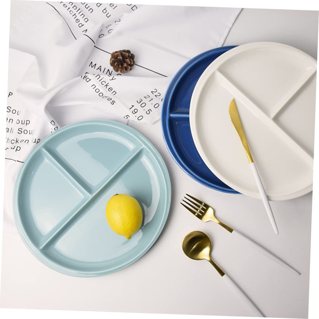 MOLUCKFU 8 Inch Bone China Plate Round Rustic Dinnerware Three Compartment Breakfast Steak Plate Ceramic Serving Platter Bone China Decorative