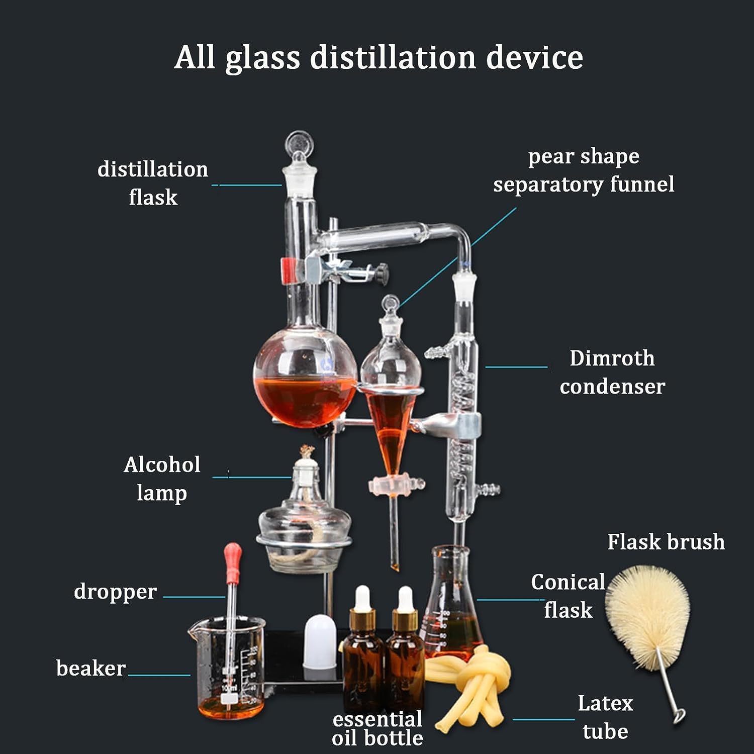 Kit De Destilación De Cristalería De Laboratorio, Aparato De Extracción De Aceites Esenciales De 100 Ml/500 Ml, Equipo De Destilación con Lámpara De Alcohol De Matraz De Tubo Condensador