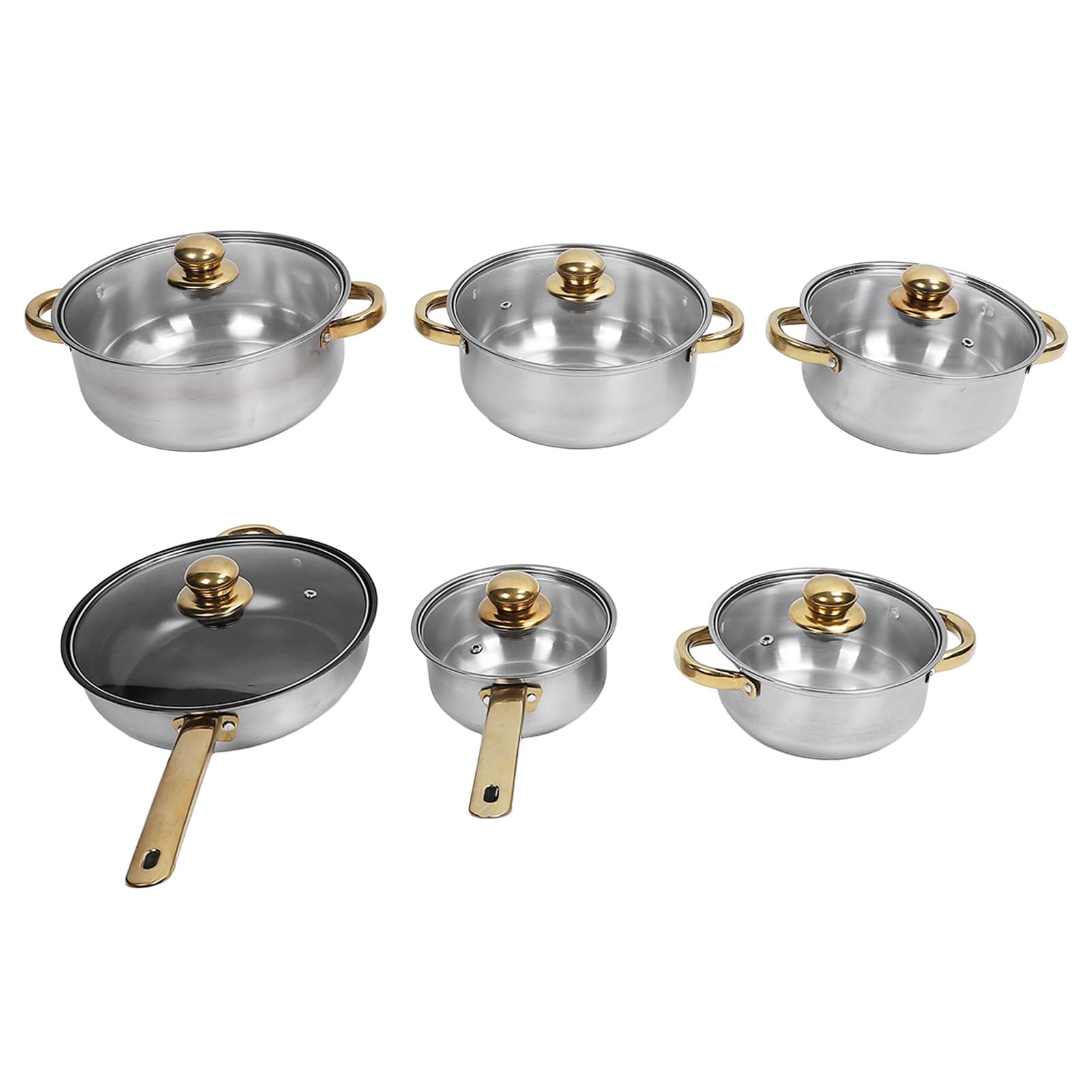 Generic Zestaw naczyń ze Stali Nierdzewnej, Nierdzewny, Elegancki Design, Wielofunkcyjne Patelnie i Garnki do Domowej Kuchni, 6 Sztuk (Złoty uchwyt)