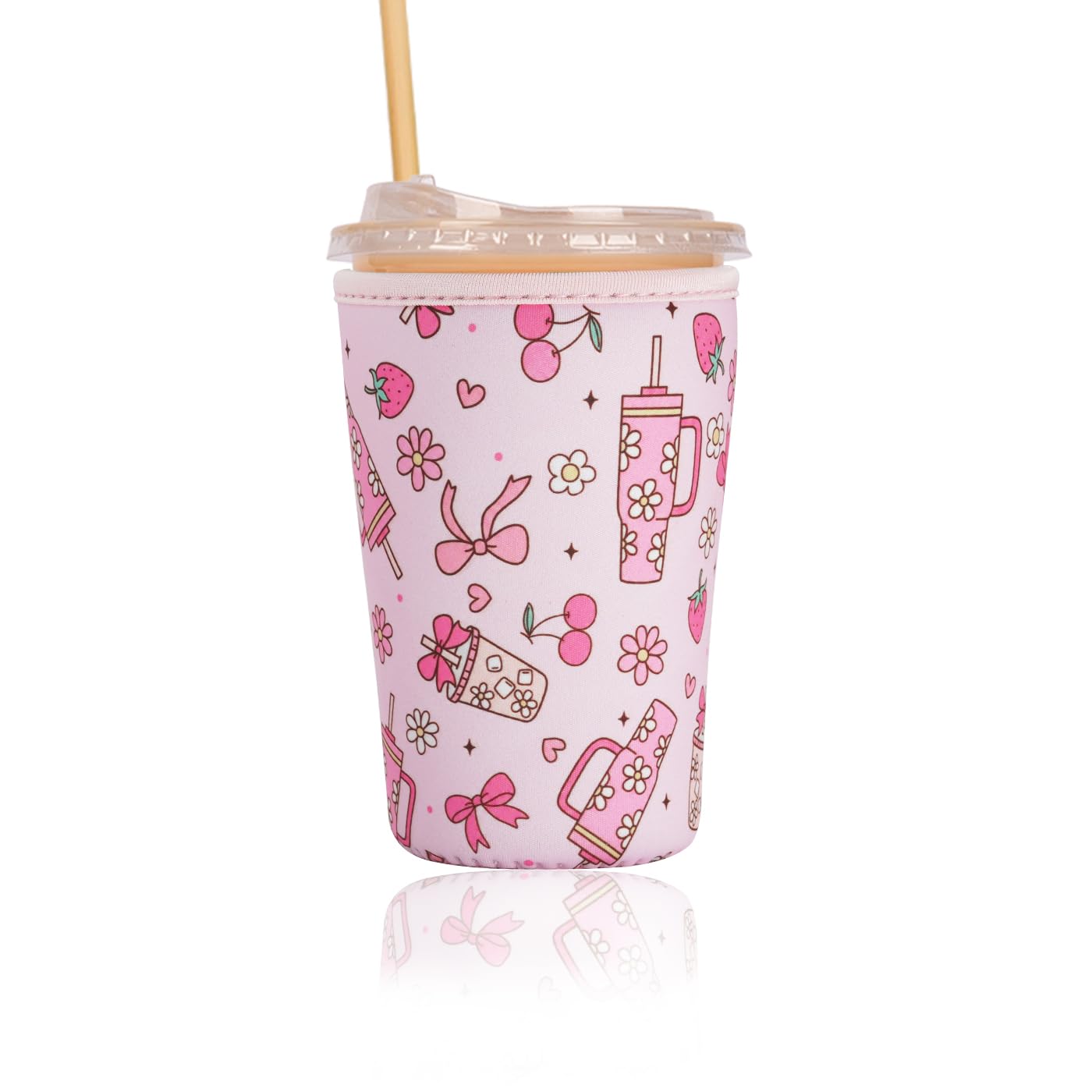Reusable Insulated Sleeve for Iced Coffee Cup, Coffee Neoprene Sleeve for Cold &amp; Hot Drinks, Beverage Holder for Iced Coffee (Pink Ribbons, Medium: 22-24oz)