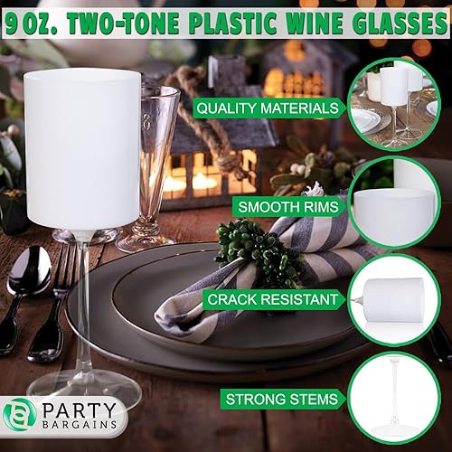 Miniatura 5 de PARTY BARGAINS Copas de vino de plástico irrompibles de dos tonos, color blanco y transparente, paquete de 5, copas de plástico resistentes,