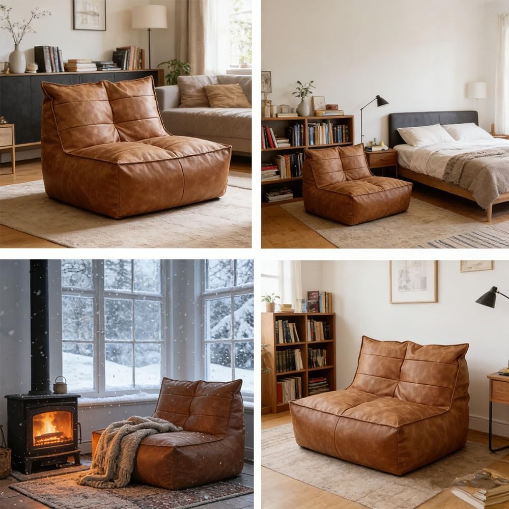 Bean Bag Chairs for Adults(No Filler) Luxury Retro Faux Leather Bean Bag Cover BeanBag Chair Bean Bag Sofa Fireside Beanbags Pouf Lazy Sofa for Living Room Bedroom Office(Black)
