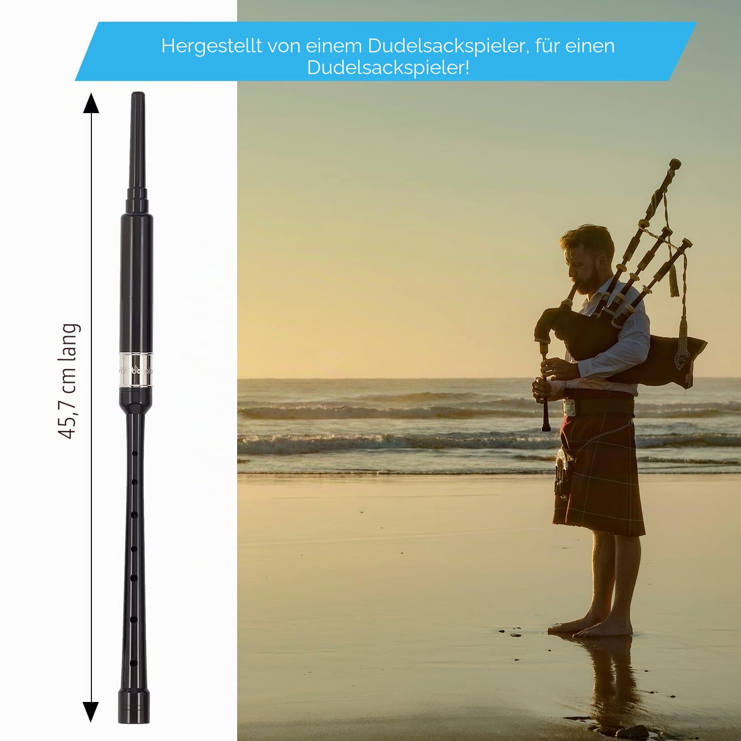 Barefoot Dudelsack-Übung, Standardlänge, 45,7 cm, mit Lochabstand in voller Größe und vernickelter Gravurhülse. Tan Cord Tragetasche 2 hochwertige Blätter. Learn Highland Dudelsack