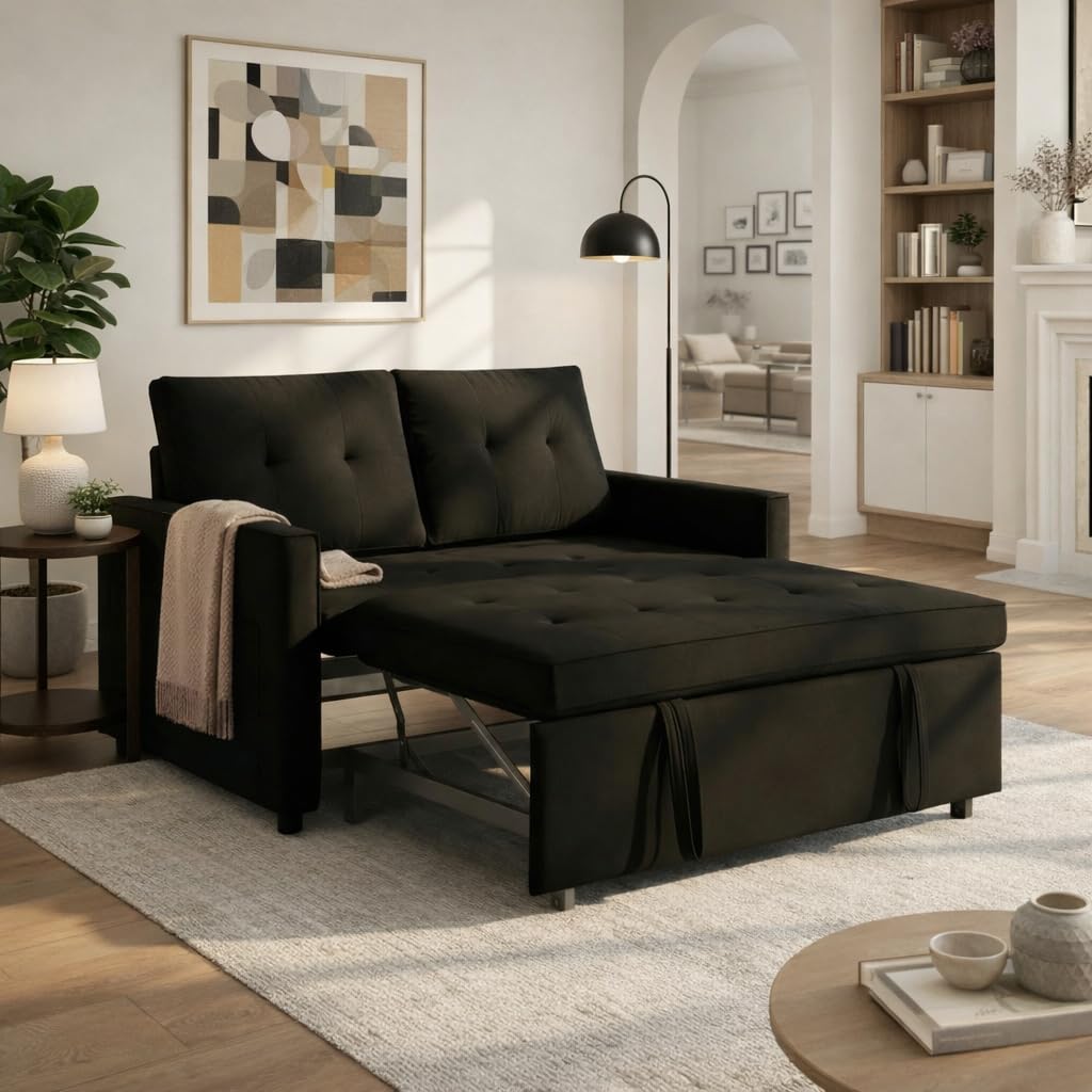 sofa bed, pull out couch with side pockets, 3 in 1 velvet fabric loveseat sleeper sofa bed, pull out couch with adjustable backrest for living room, bedroom, apartment, black, 53 inch
