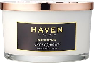 Haven Japanese Honeysuckle Scented Candle in Glass Jar - Clean-Burning Soy Wax Blend with Natural Cotton Wick - Long-Lasti...