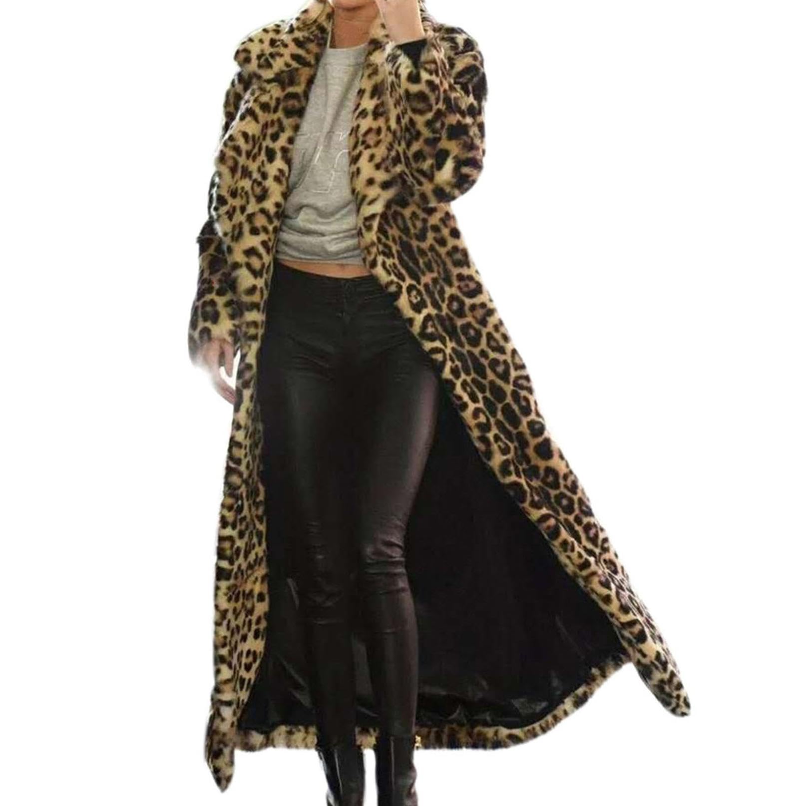 Leopard Felljacke Damen Extra Lang Mode Revers Kunstfell Jacke Dicke Warm Wintermantel Flauschiger Bequemer Fleecejacke Elegant Kunstpelz Mantel Herbst Winter Übergangsjacke Locker Pelzjacke