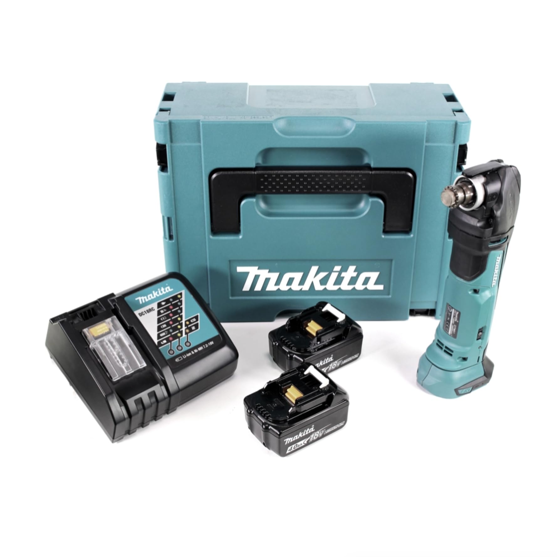 Makita DTM 51 RMJ 18V Li-Ion Herramienta multifunción en estuche Makpac con 2 baterías 4.0Ah y cargador rápido