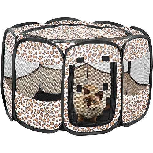 Lexi Home Etna Portable Small Pet Playpen for Dogs or Cat Leopard