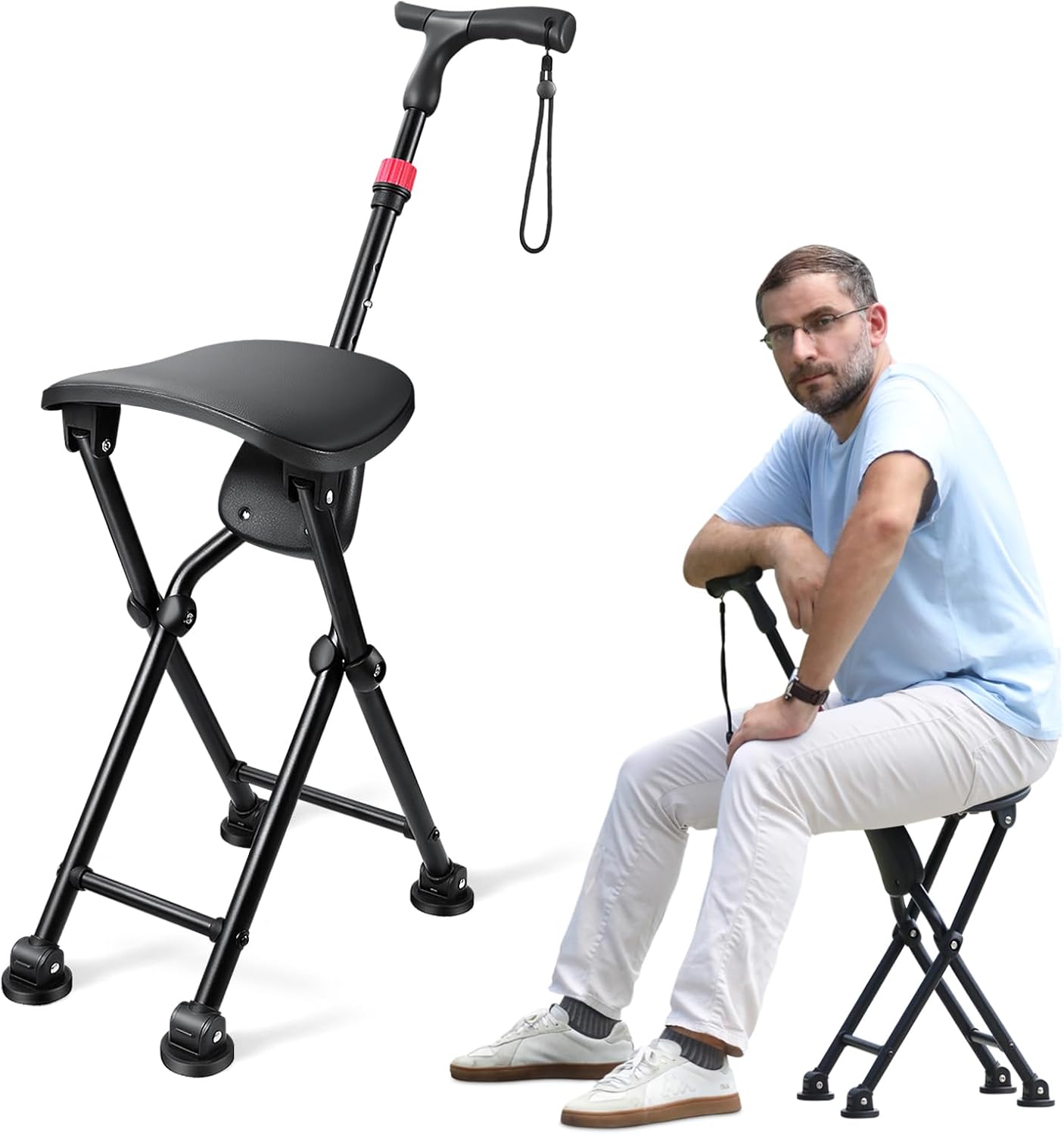 HZZEDNG-Hold 400 lbs Folding Canes with Seat, Allows Durability While Walking and Convenience for Sitting, Aluminum Portable Anti-Slip Cane Seat, Height-Adjustable Walking Cane Black L?Seat height 21.65"?