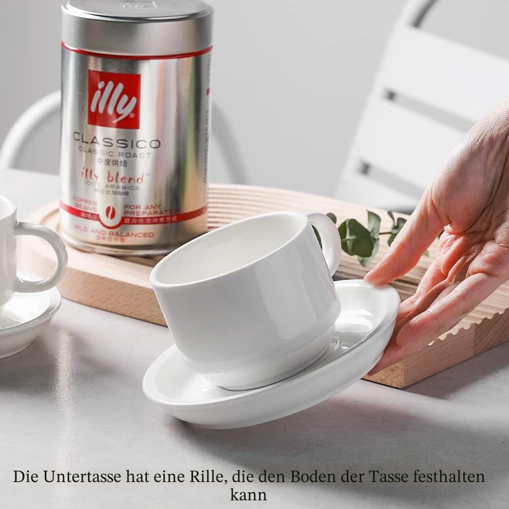 Sweejar Home Porzellan Espressotassen mit Untertassen, 230 ml stapelbare Cappuccinotassen mit Metallständer für Kaffeegetränke, Latte, Tee - 4er Set (Schwarz)