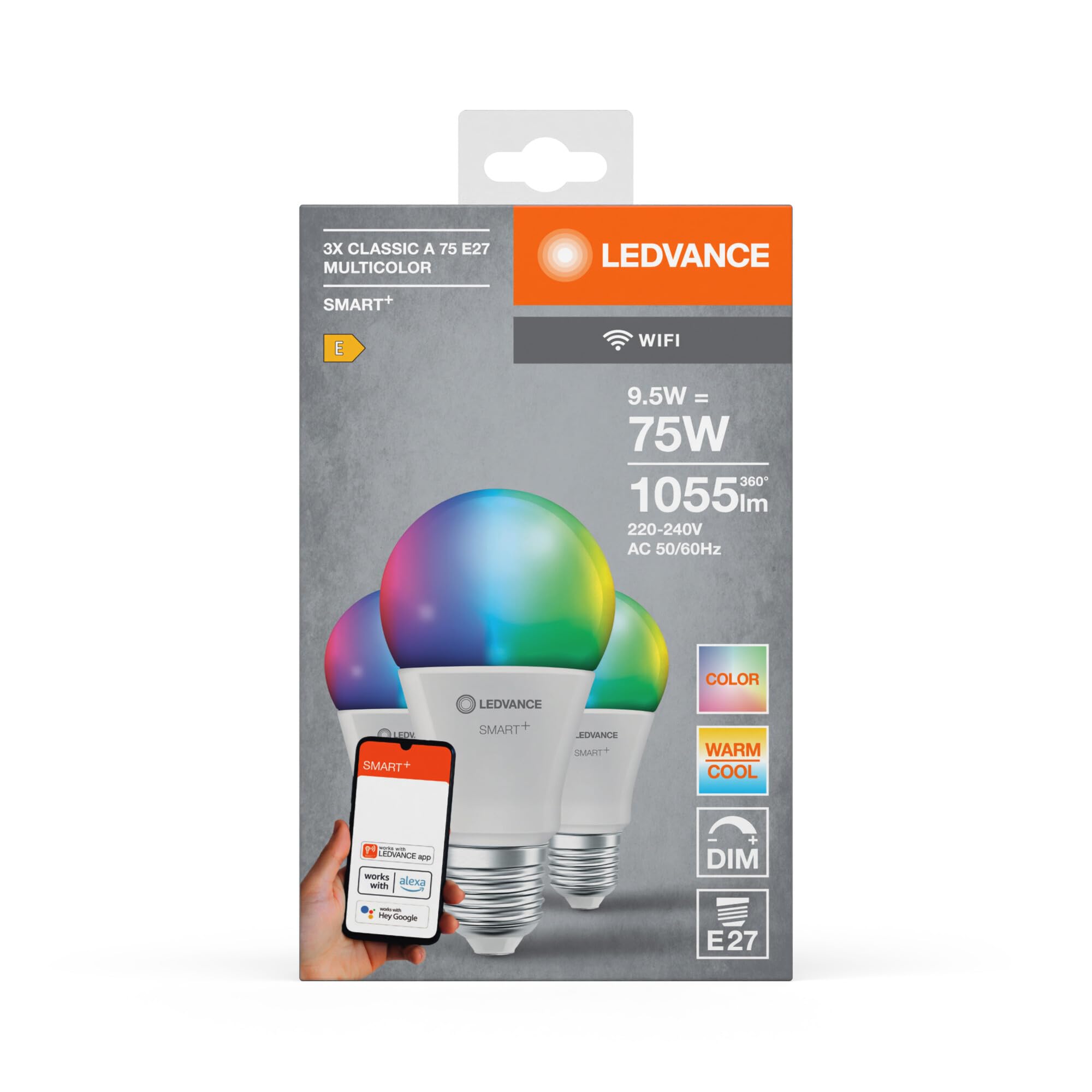 LEDVANCE Inteligentna lampa LED z technologią WiFi E27, optyka matowa, Możliwość zmiany kolorów RGBW, możliwość zmiany barwy światła (2700K-6500K), 1055 Lumen, zamiennik dla 75W, 3-pak