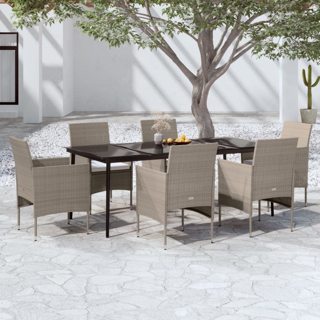 Set da pranzo da giardino in rattan sintetico, 7 pezzi, beige e nero, con 6 sedie e tavolo in vetro, per terrazza, balcone, giardino, cuscini inclusi