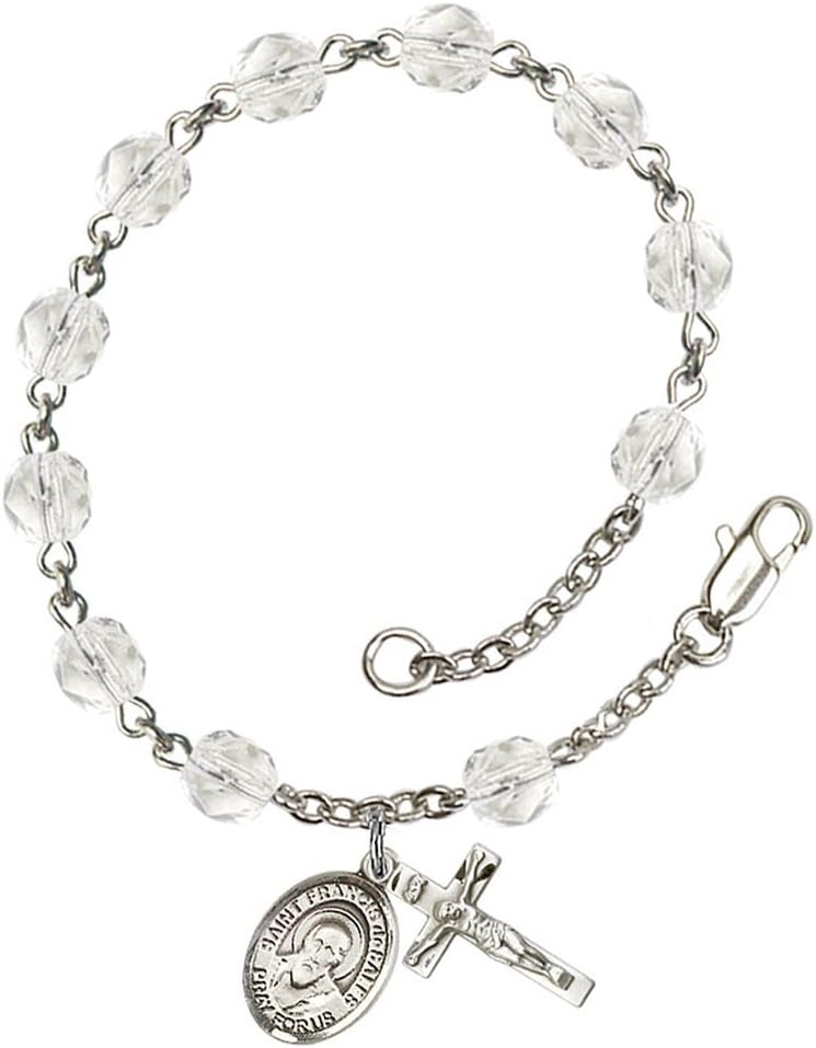 April Birth Month Bead Rosary Bracelet with Patron Saint Petite Charm, 7 1/2 Inch