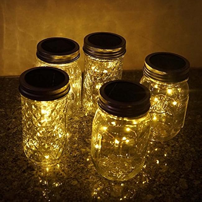Miaro 6 Pack Mason Jar Lights, 20 LED Solar Warm White Fairy String Lights, Waterproof, Fits Regular Mouth Jars