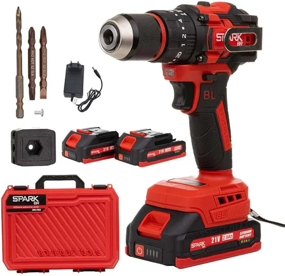 Parafusadeira Furadeira Profissional 21V Brushless AMG-PR04 Maleta Acessórios 2 Baterias Torque 55Nm Mandril 13mm Sem Fio Bivolt