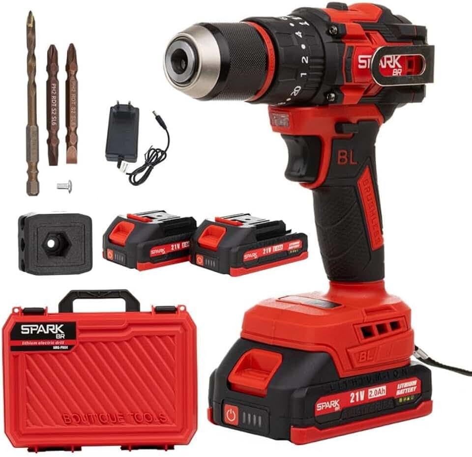 Parafusadeira Furadeira Profissional 21V Brushless AMG-PR04 Maleta Acessórios 2 Baterias Torque 55Nm Mandril 13mm Sem Fio Bivolt