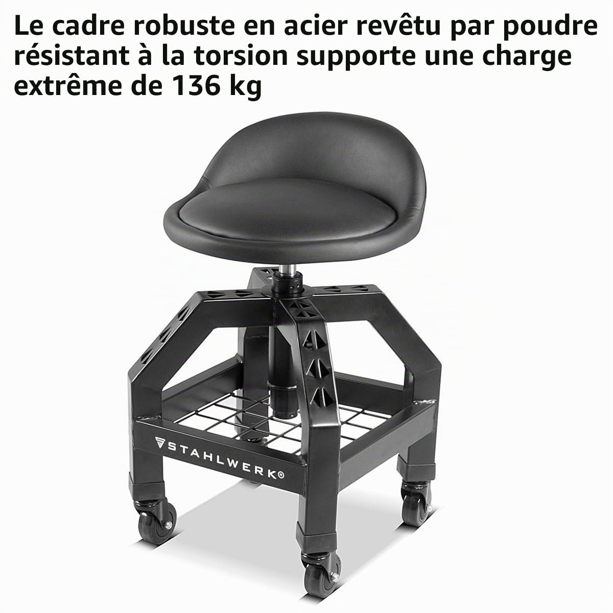 STAHLWERK Tabouret d'atelier réglable en Hauteur VWH-300 St avec Grand Compartiment de Rangement, Charge maximale 136 kg, Hauteur d'assise 59-76 cm, siège à roulettes/Tabouret à roulettes