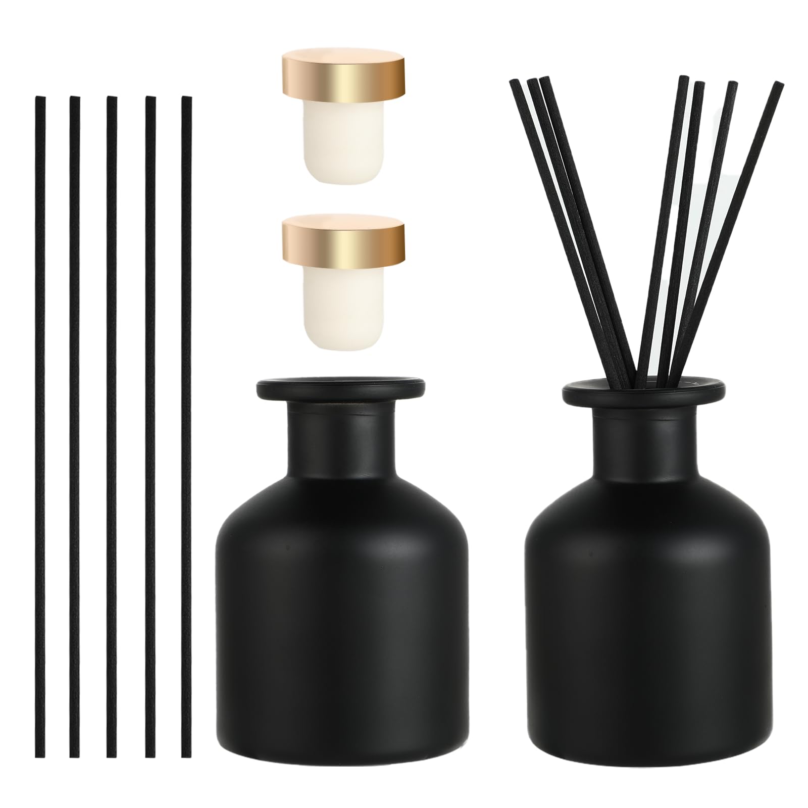 2 Botellas Difusoras - Botellas Difusoras de Vidrio - con 12 Varillas y Tapa - para Aromatización de Ambientes y Aromaterapia - Ideal para Hogar, Oficina, Repuesto DIY (Negro)