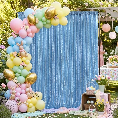 Image of Light Blue Sequin Backdrop Curtains,2 Panels 2FTx8FT Glitter Curtain Backdrop Party Decorations Background Drapes for Wedding Birthday Anniversary Graduation Photo Booth Decor
