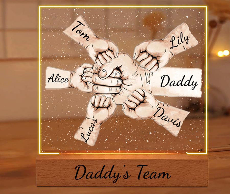 Fathers day Daddy's Team Fist Bump Light Gift, Personalized Acrylic Daddy Fist Bump LED Night Light, Custom Dad Fist Bump Gift, Father's Day Christmas Birthday Gifts for Daddy, Grandpa (Style-01)