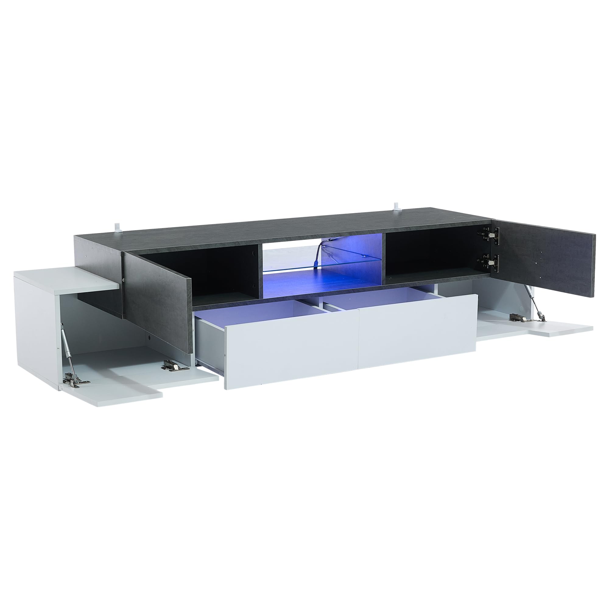 Azkoeesy Mobile TV con illuminazione a LED, 180 cm, colore bianco e grigio marmo, moderna console TV con ripiani in vetro e molto spazio per il soggiorno (4 ante + 2 cassetti)