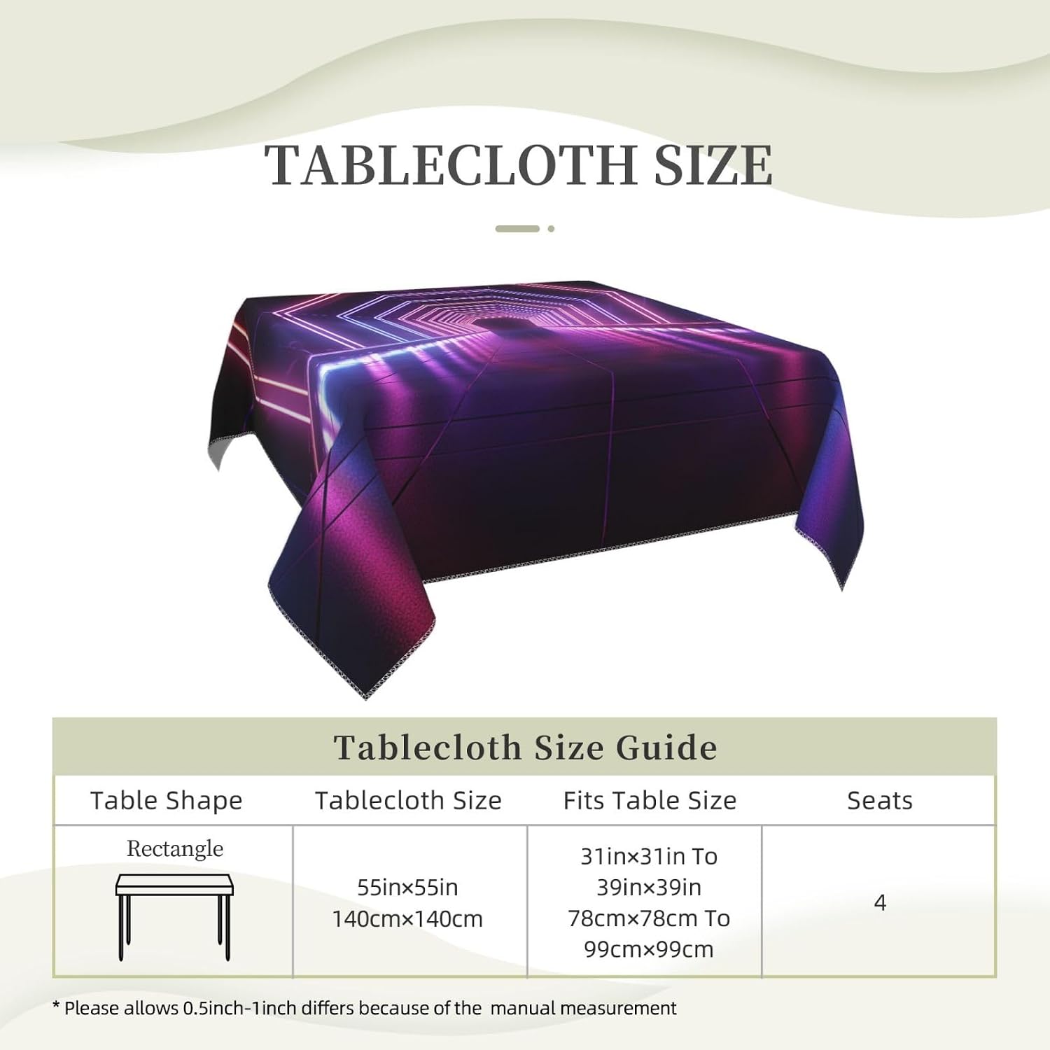 Tablecloth Neon Lights Tunnel Square Table Cover Waterproof Wrinkle Resistant Table Cloth Washable 55 in Kitchen Tablecloths Picnic Dining Table Cloths for Indoor Outdoor Party Holiday image 5