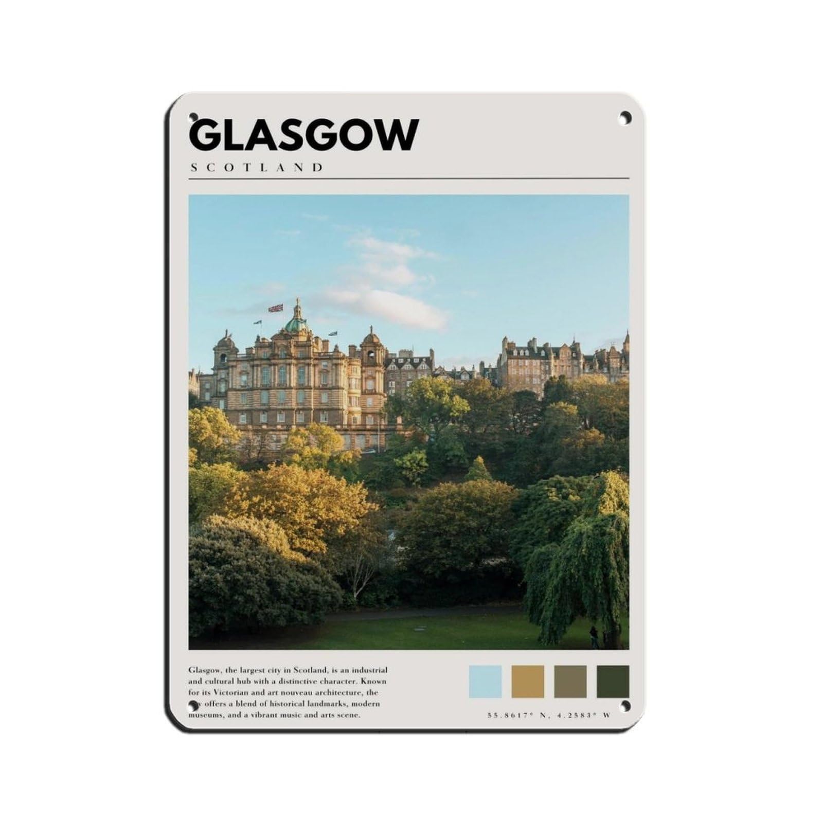 Glasgow Scotland Poster Scotland Art Retro Poster Metal Tin Sign Chic Art Retro Iron Painting Bar People Cave Cafe Family Garage Poster Wall Decoration 12x16inch(30x40cm)