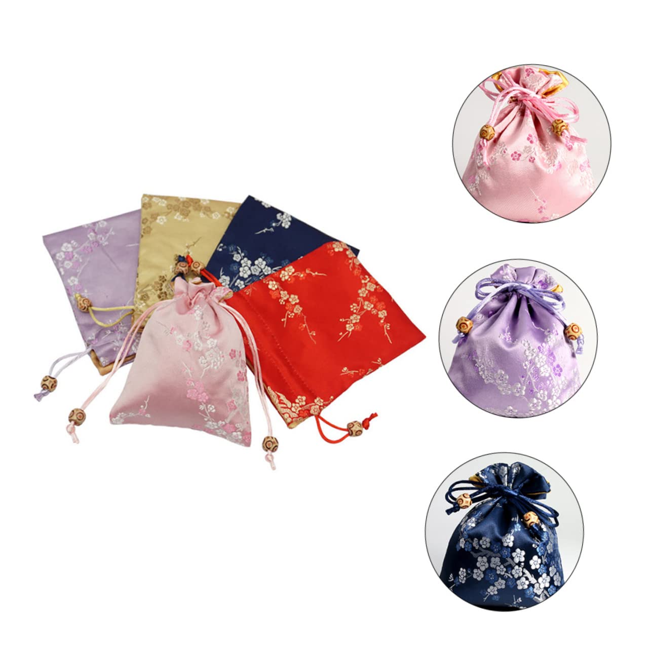 GALPADA ALPADA 5pcs Silk Brocade Jewelry Pouch, Embroidered Candy Bag Chinese Element Double Layer Drawstring Bag Storage Pouches Purse Bag