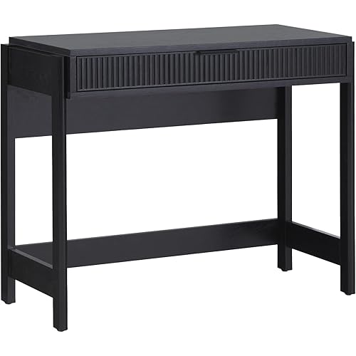 Walker Edison Transitional Office Design, Reeded Drawer Front Detail, Writing Desk with Drawer, Spacious Desktop, Complementary in Living Spaces, 38”W x 16.75”D x 30”H, Black