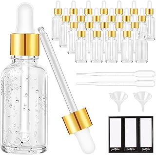 PrettyCare 1oz Glass Dropper Bottle 24 Pack Clear Glass Bottles Empty with 2 Funnels & 2 Long Pipettes, 30ml Eye Dropper Bottles for Essential/Cuticle/Body Oils, Tincture