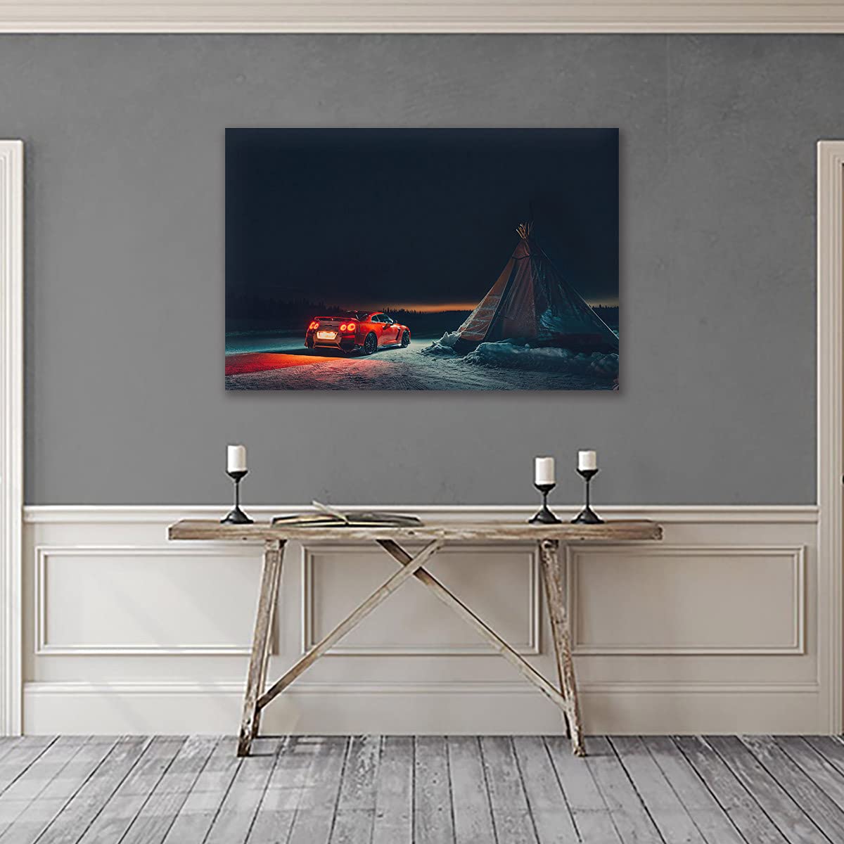 Five-Seller Pintura Moderna Nissan GTR Red Supercar Camping Pared Arte Deportes Coches Carteles Lienzo Impreso para Dormitorio Decoración De Habitación (1,60_x_90_cm(con Marco))