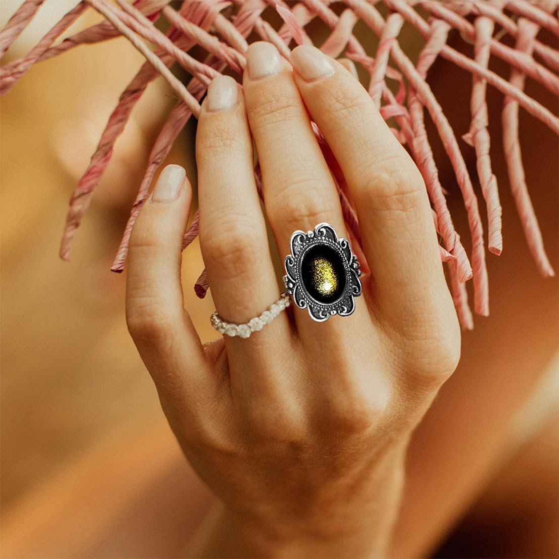 Natural Black Obsidian Stone Vintage Flowers Ring for Women,S925 Sterling Silver Naturally Obsidian Bohemian Statement Gemstone Ring Jewelry
