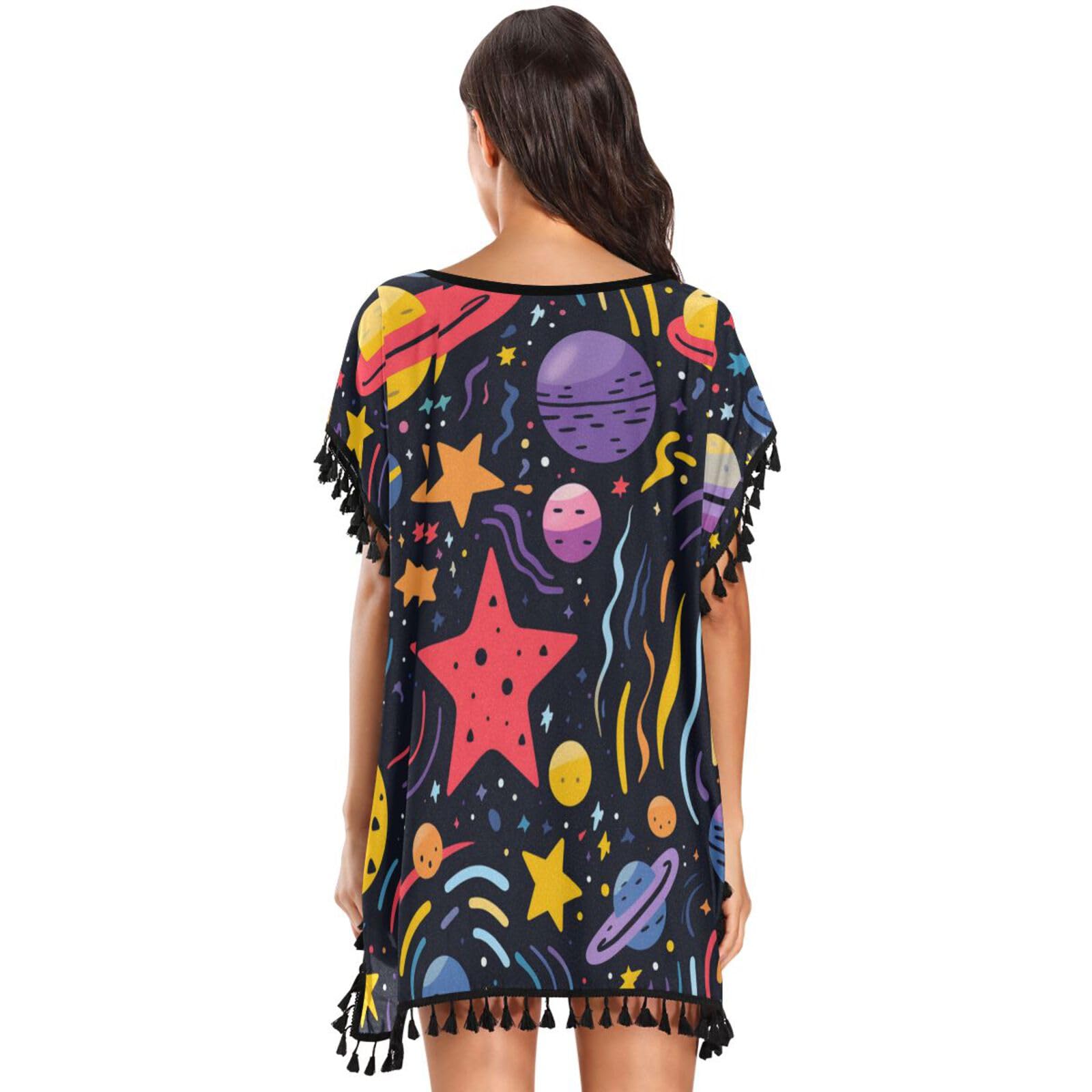 KAAVIYO Cartoon Stars Spacecraft Women's Beach Cover Up Chiffon Tassel Swimwear Swimsuit Coverups for Girl