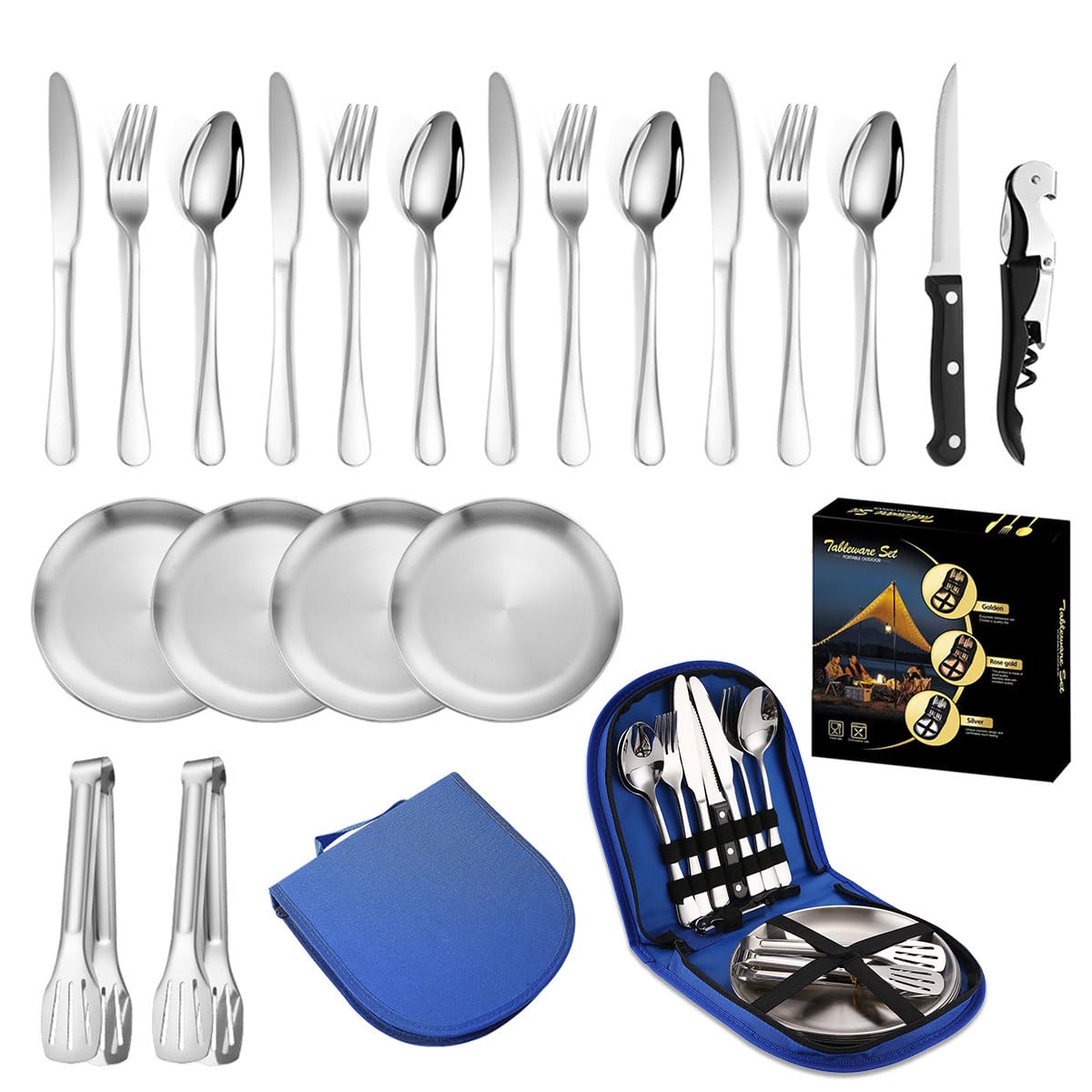 Camping Silverware Set with Case 20Pcs Camping Cutlery Kit Stainless Steel Picnic Utensils Portable Camping Mess Kit with Plates forks Spoons Outdoor Travel Tableware Set for Office BBQ Picnic Hiking
