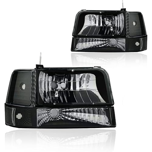 Headlight Assembly, Headlights Kit Compatible with 1992-1996 Ford F150 F250 F350/1992-1996 Bronco Replacement Headlamp Bumper Lamp Set Black Housing Clear Reflector