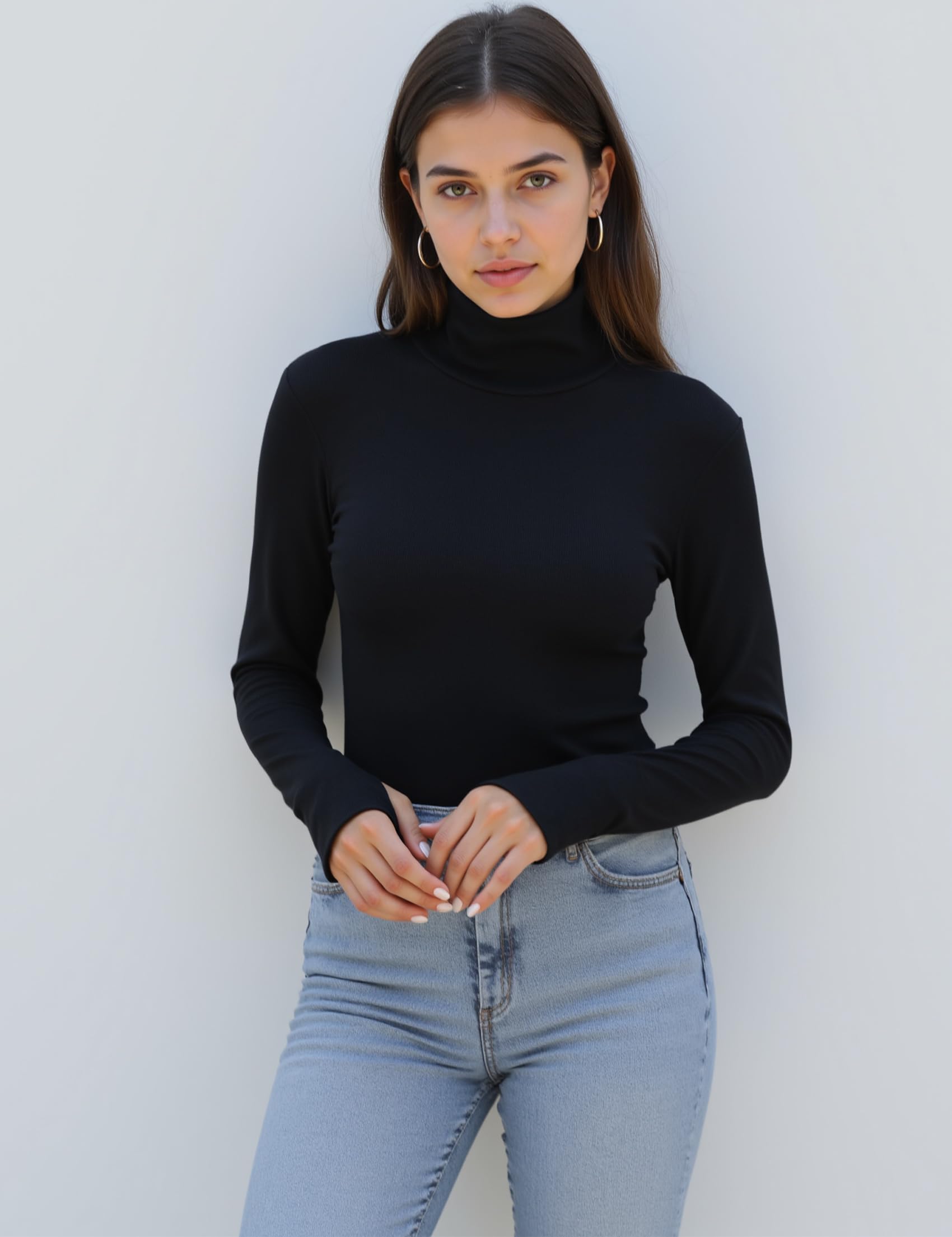 Terecey Intimo Termico Donna a Collo Alto Dolcevita Cotone a Manica Lunga Maglia Intima Leggero Maglia Termica da Donna Traspirante Invernale Basic Top con Asole per i Pollici S-XXL