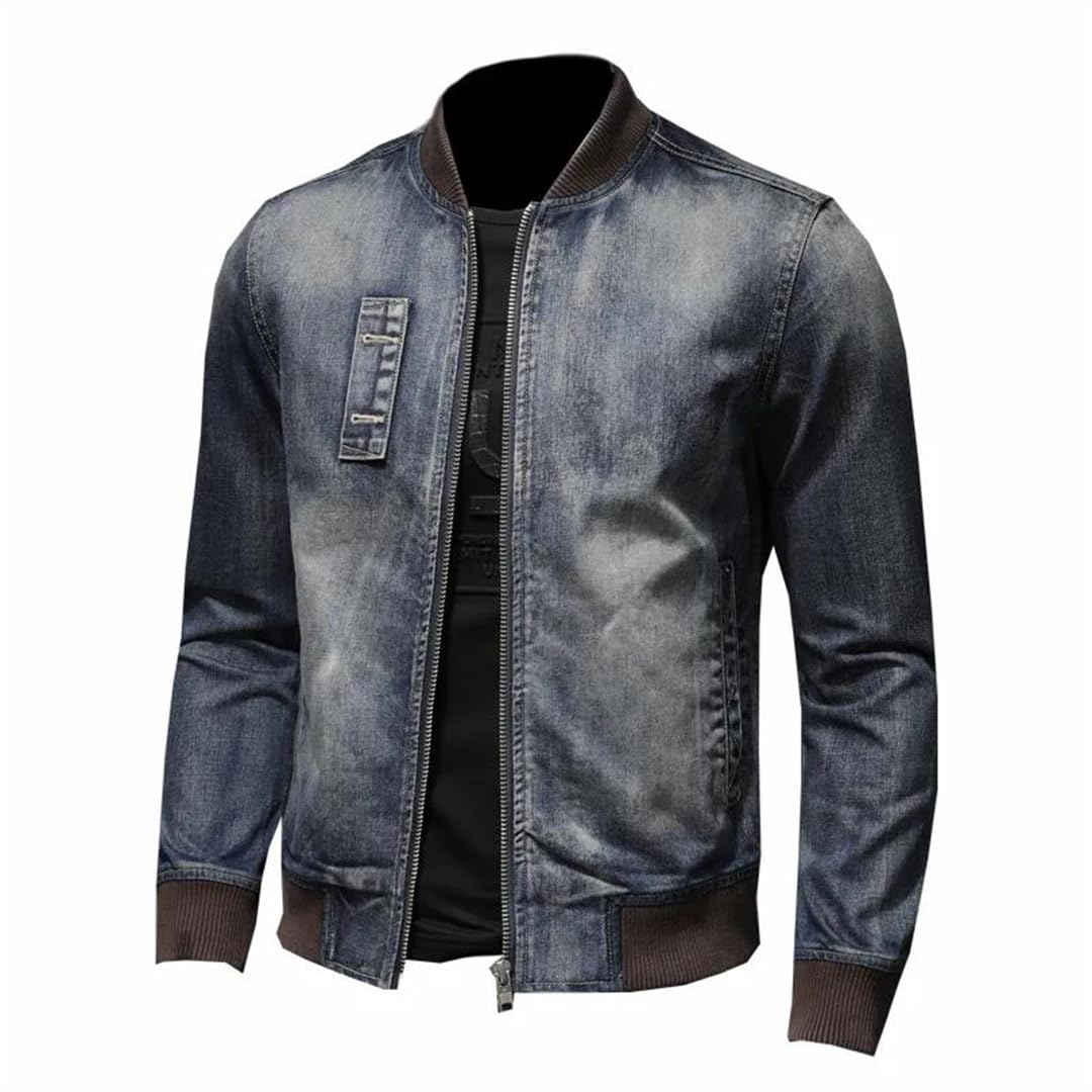 Męska naszywka vintage sprana niebieska kurtka baseballowa denim płaszcz kurtka dżinsowa