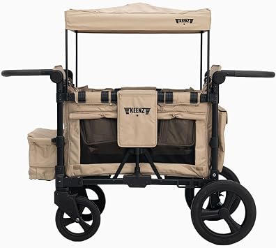 Keenz MOOV 2-Passenger All-Terrain Stroller Wagon with Reclining Seats, Cooler Bin, Push/Pull Handle, and Rubber Wheels Foldable Wagon for Kids and Toddlers, Mocha
