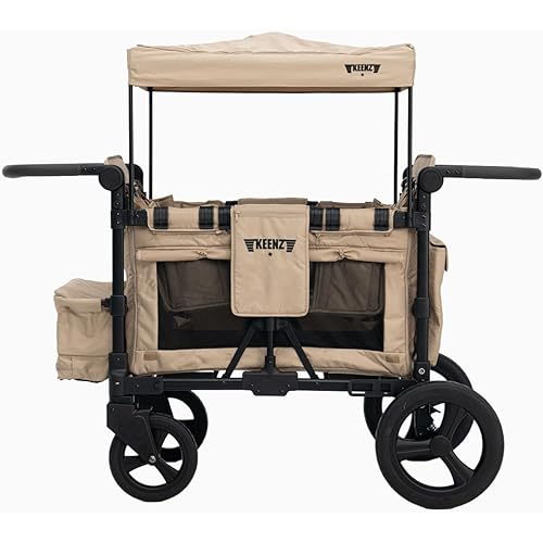 Keenz MOOV 4-Passenger All-Terrain Stroller Wagon with Reclining Seats, Built-in Cooler, Push/Pull Handle, Rubber Wheels, and Activity Tray – Foldable Wagon for Four Kids, Mocha