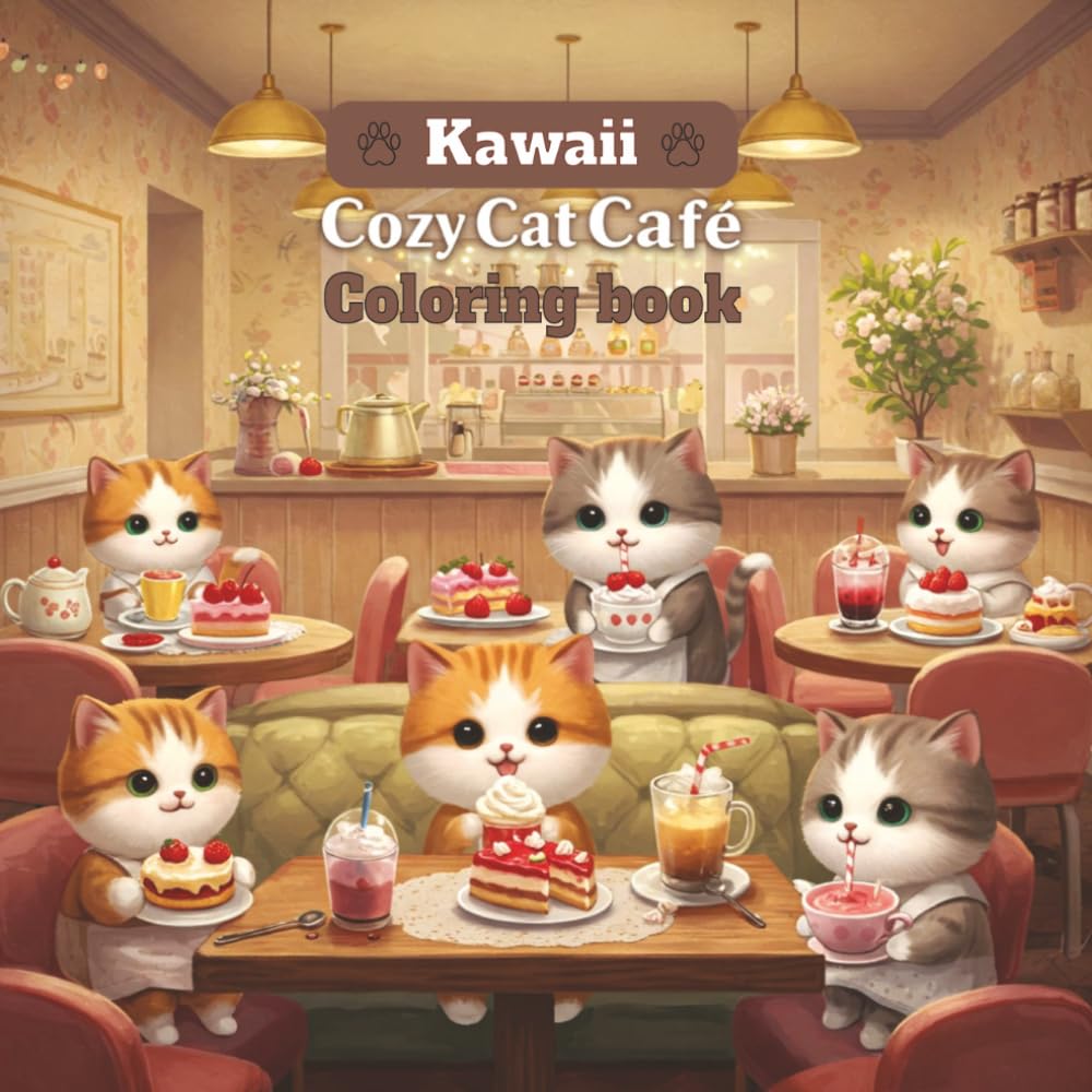 Kawaii Cozy Cat Café Coloring Book: Adorable Easy Designs, Purrfectly Cute Cats, Sweet Treats, and Cozy Cat Café Fun for Kids and Adults